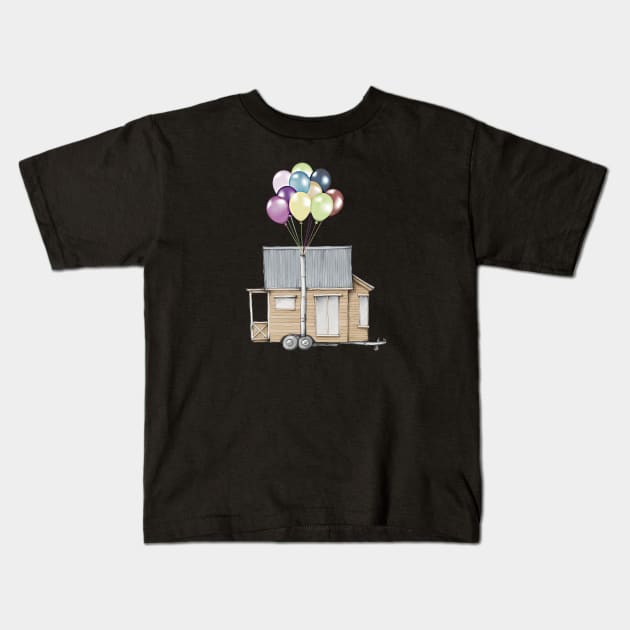 Up! Tiny House On Wheels With Balloons In Chimney, Like Up Movie Kids T-Shirt by iosta